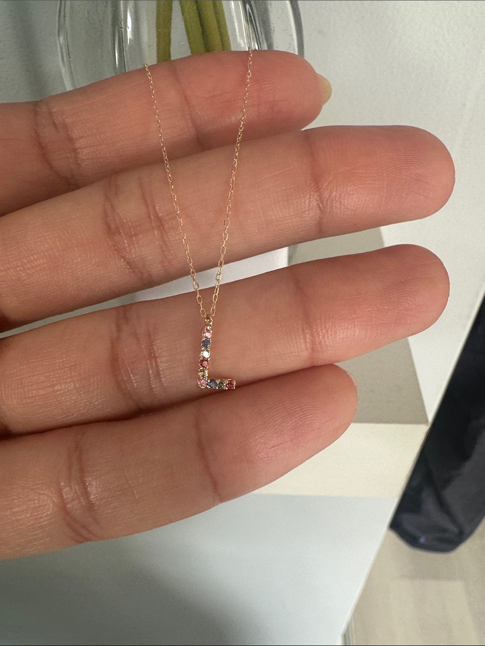 18k Gold Initial 'L' Necklace with Multicolor Stones